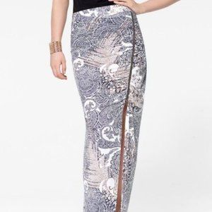 Cache Ruched Paisley Print Maxi Skirt w/ Zippered Side Slit